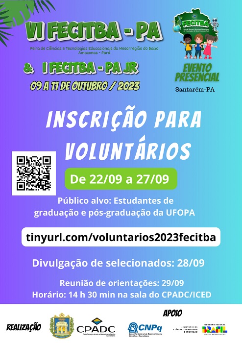 Abertas as inscrições para atuação como voluntários na VI FECITBA-PA (2023)