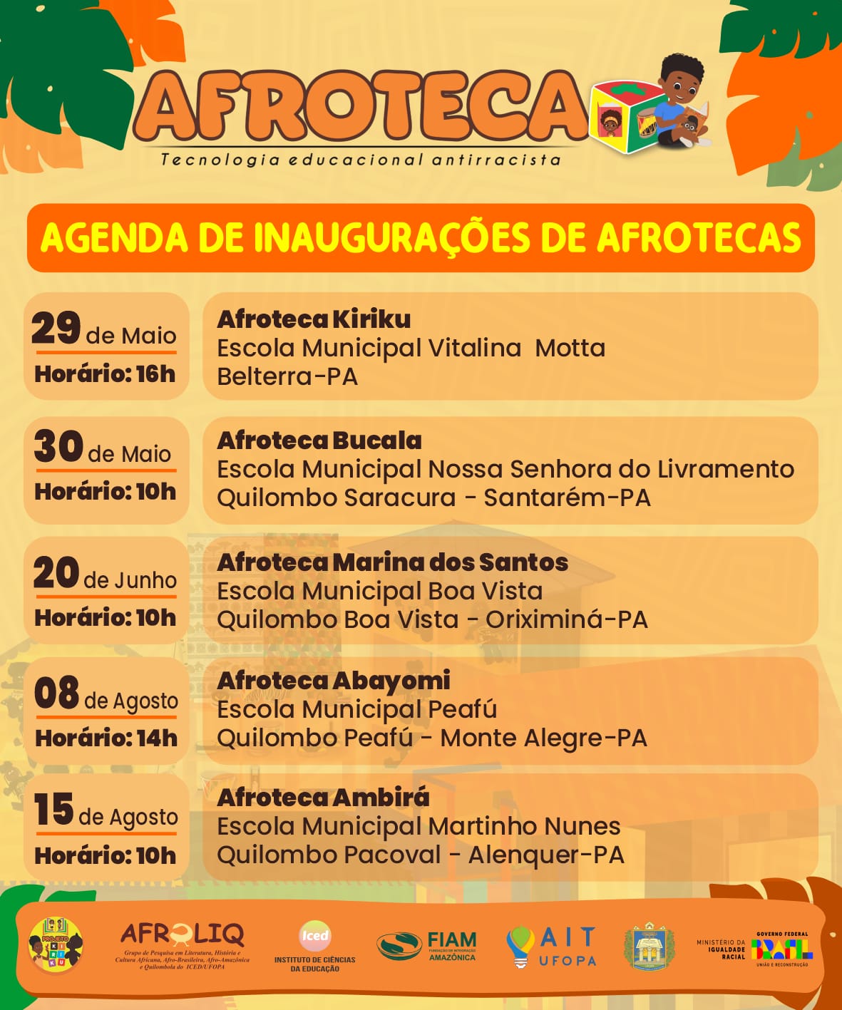 novas datas inauguração das afrotecas